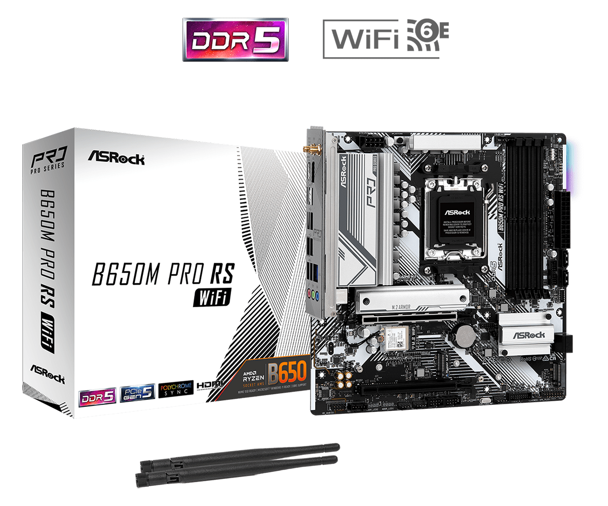 

Материнская плата ASRock B650M PRO RS WIFI, AM5, AMD B650, 4xDDR5 DIMM, 2PCI-Ex16, 4SATA3, 7.1-ch, 2.5GLAN, 7 USB 3.2, 2 USB Type-C, HDMI, DP, mATX, Retail, B650M PRO RS WIFI
