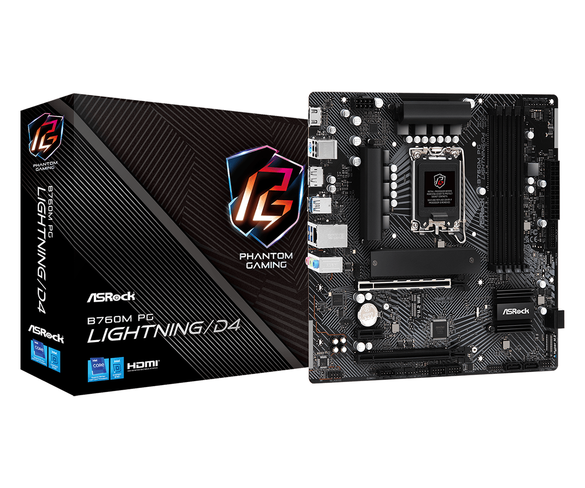 

Материнская плата ASRock B760M PG LIGHTNING/D4, Socket1700, Intel B760, 4xDDR4, 2PCI-Ex16, 4SATA3, 7.1-ch, GLAN, 5 USB 3.2, 1 USB Type-C, HDMI, DP, mATX, Retail, B760M PG LIGHTNING/D4