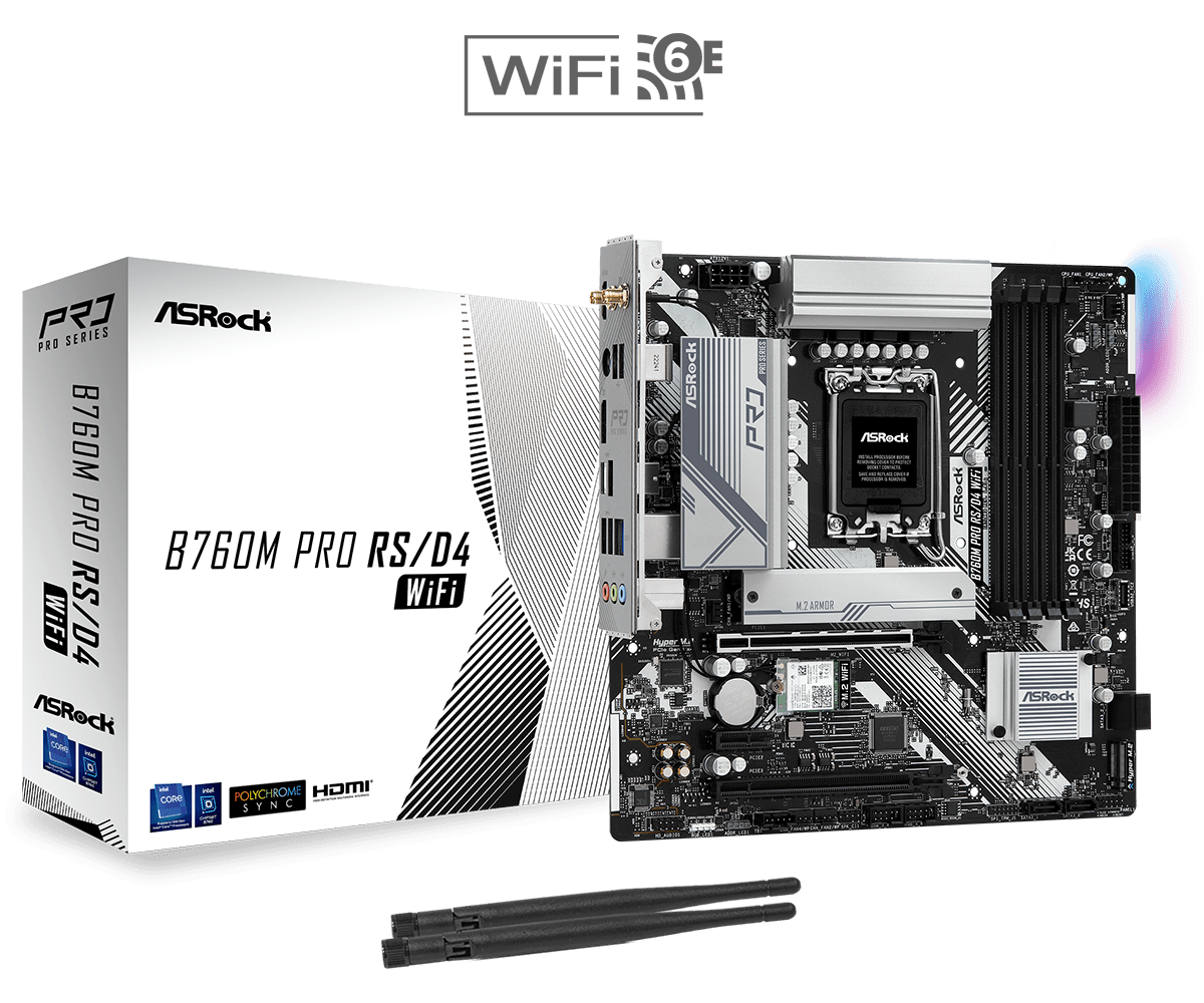 

Материнская плата ASRock B760M PRO RS/D4 WIFI, Socket1700, Intel B760, 4xDDR4, 2PCI-Ex16, 4SATA3, 7.1-ch, 2.5GLAN, 5 USB 3.2, 1 USB Type-C, HDMI, DP, mATX, Retail, B760M PRO RS/D4 WIFI