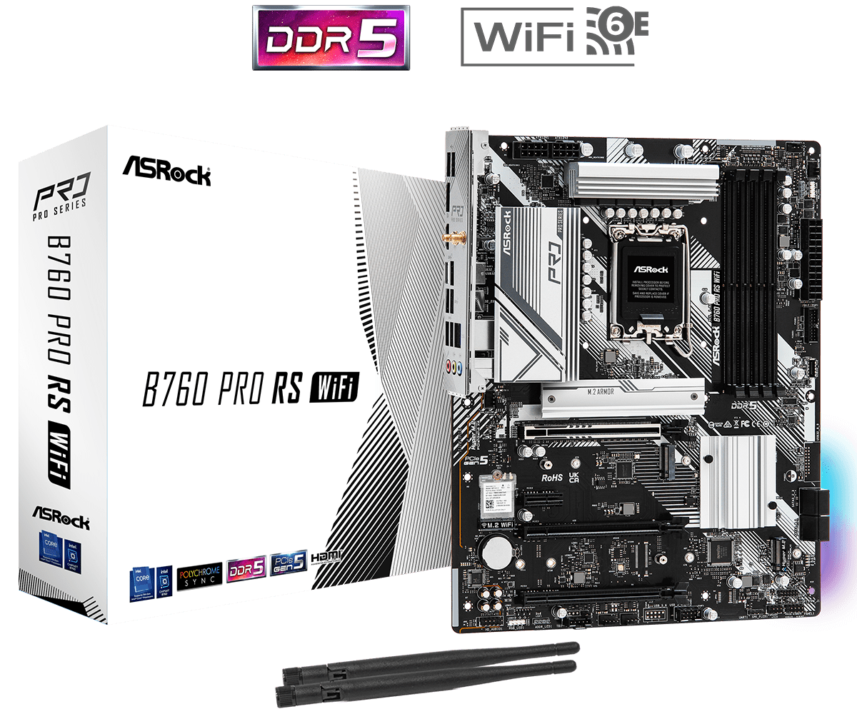 

Материнская плата ASRock B760 PRO RS WIFI, Socket1700, Intel B760, 4xDDR5 DIMM, 3PCI-Ex16, 4SATA3, 7.1-ch, 2.5GLAN, 7 USB 3.2, 2 USB Type-C, HDMI, DP, ATX, Retail, B760 PRO RS WIFI