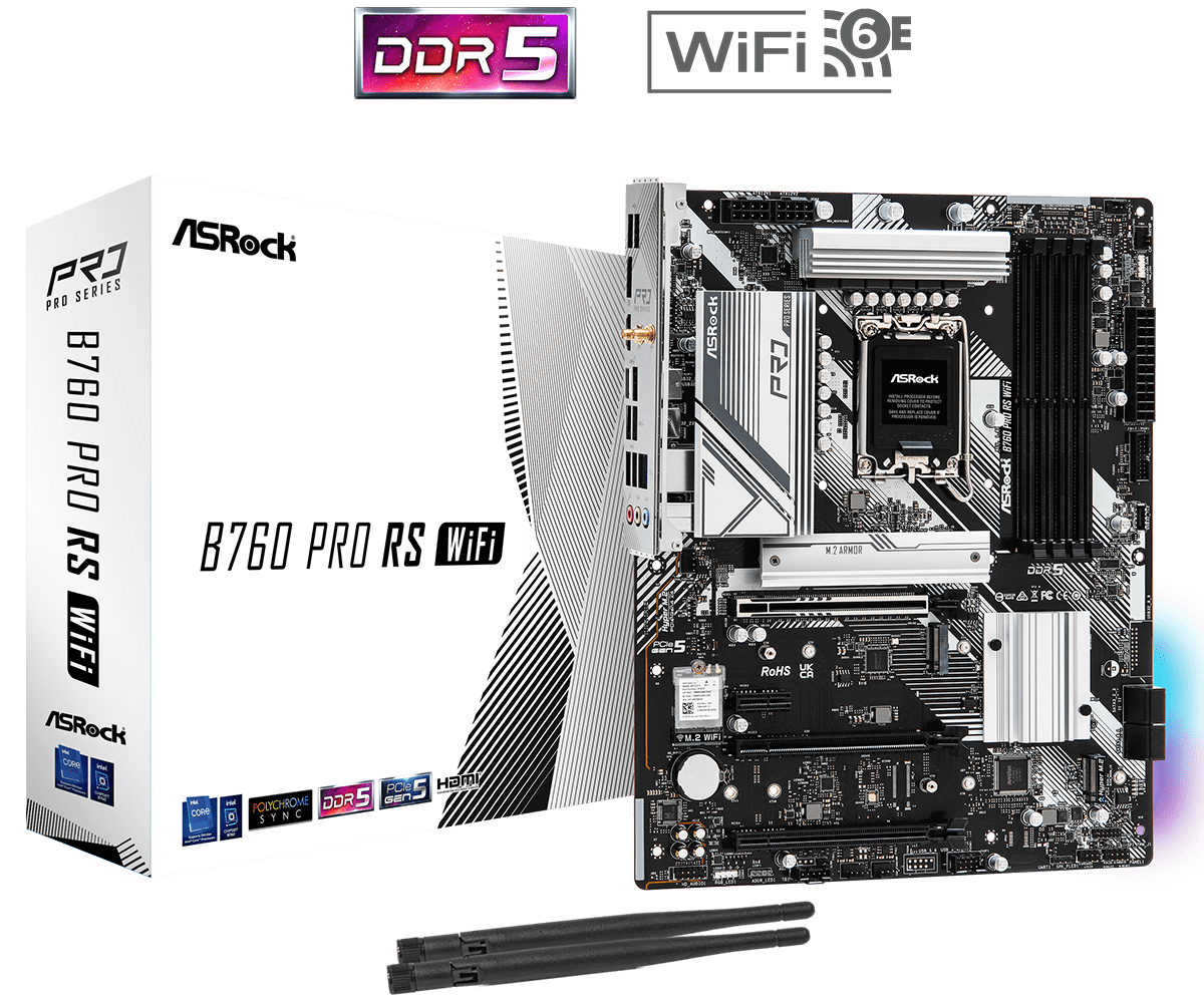 Материнская плата ASRock B760 PRO RS WIFI, Socket1700, Intel B760, 4xDDR5 DIMM, 3PCI-Ex16, 4SATA3, 7.1-ch, 2.5GLAN, 7 USB 3.2, 2 USB Type-C, HDMI, DP, ATX, Retail