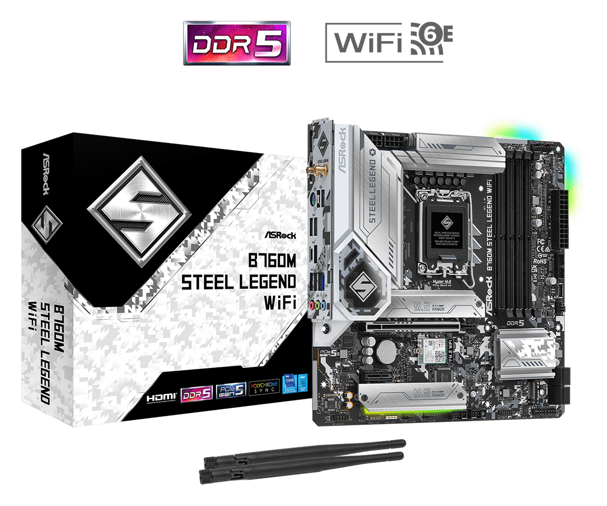 

Материнская плата ASRock B760M STEEL LEGEND WIFI, Socket1700, Intel B760, 4xDDR5 DIMM, PCI-Ex16, 4SATA3, 7.1-ch, 2.5GLAN, 7 USB 3.2, 2 USB Type-C, HDMI, DP, mATX, Retail, B760M STEEL LEGEND WIFI