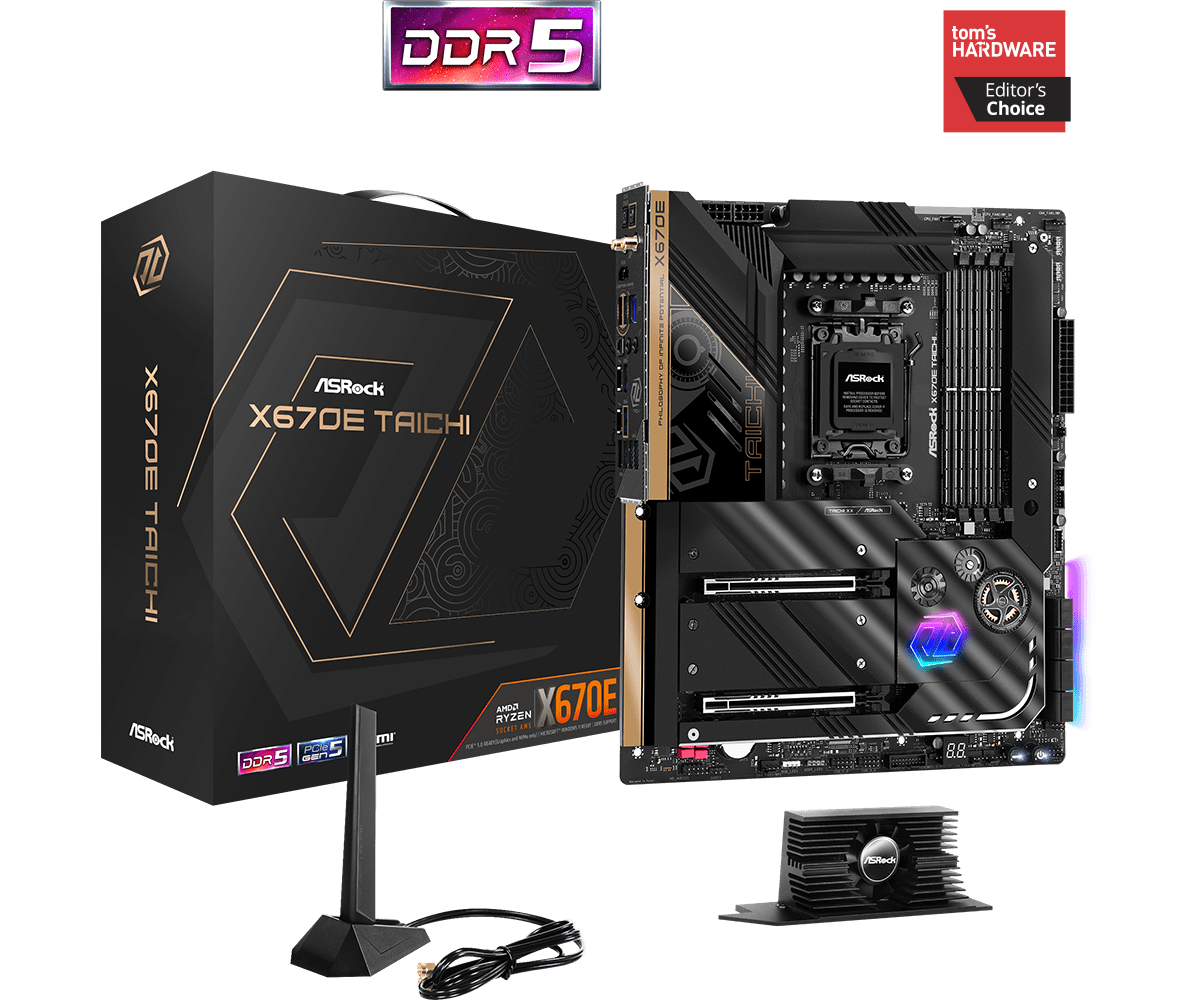 

Материнская плата ASRock X670E TAICHI, AM5, AMD X670, 4xDDR5 DIMM, 2PCI-Ex16, 8SATA3, 5.1-ch, 2.5GLAN, 12 USB 3.2, 3 USB Type-C, HDMI, ATX, Retail, X670E TAICHI