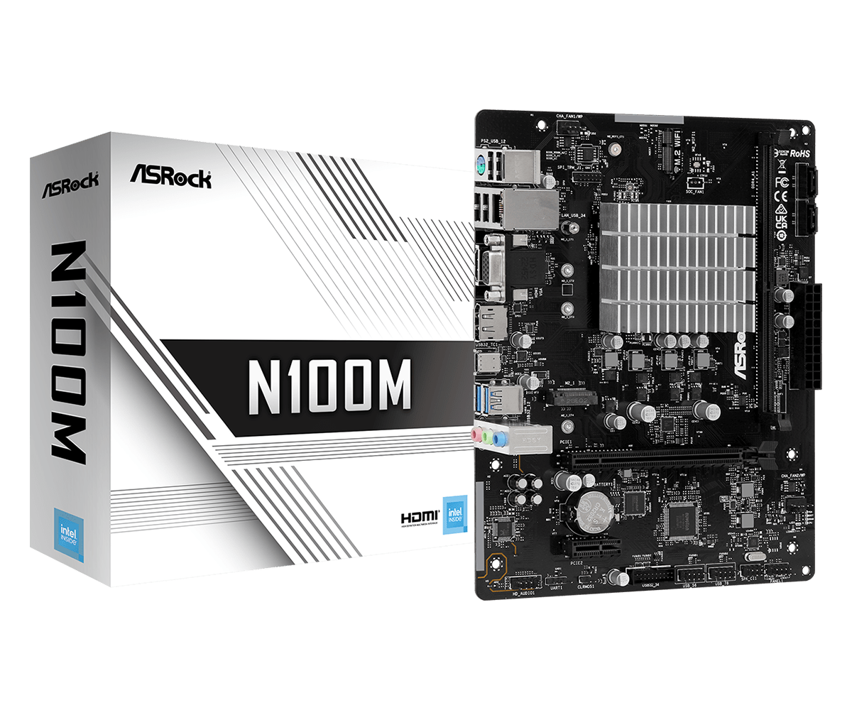 

Материнская плата ASRock N100M, SoC, Intel N100, встроен в мат.плату, 1xDDR4, PCI-Ex16, 2SATA3, 7.1-ch, GLAN, 4 USB 3.2, 1 USB Type-C, VGA, HDMI, DP, mATX, Retail, N100M