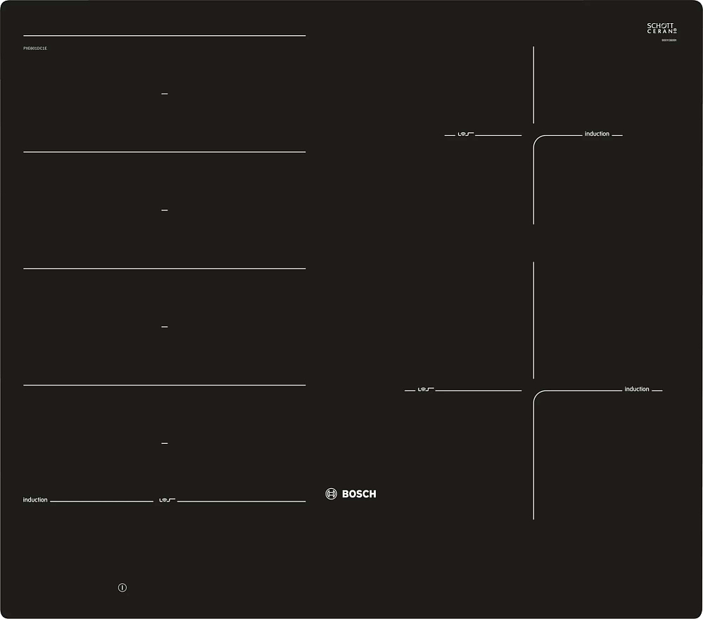 

Индукционная варочная панель Bosch PXE601DC1E, 4 конфорки, черный (PXE601DC1E), Черная, PXE601DC1E