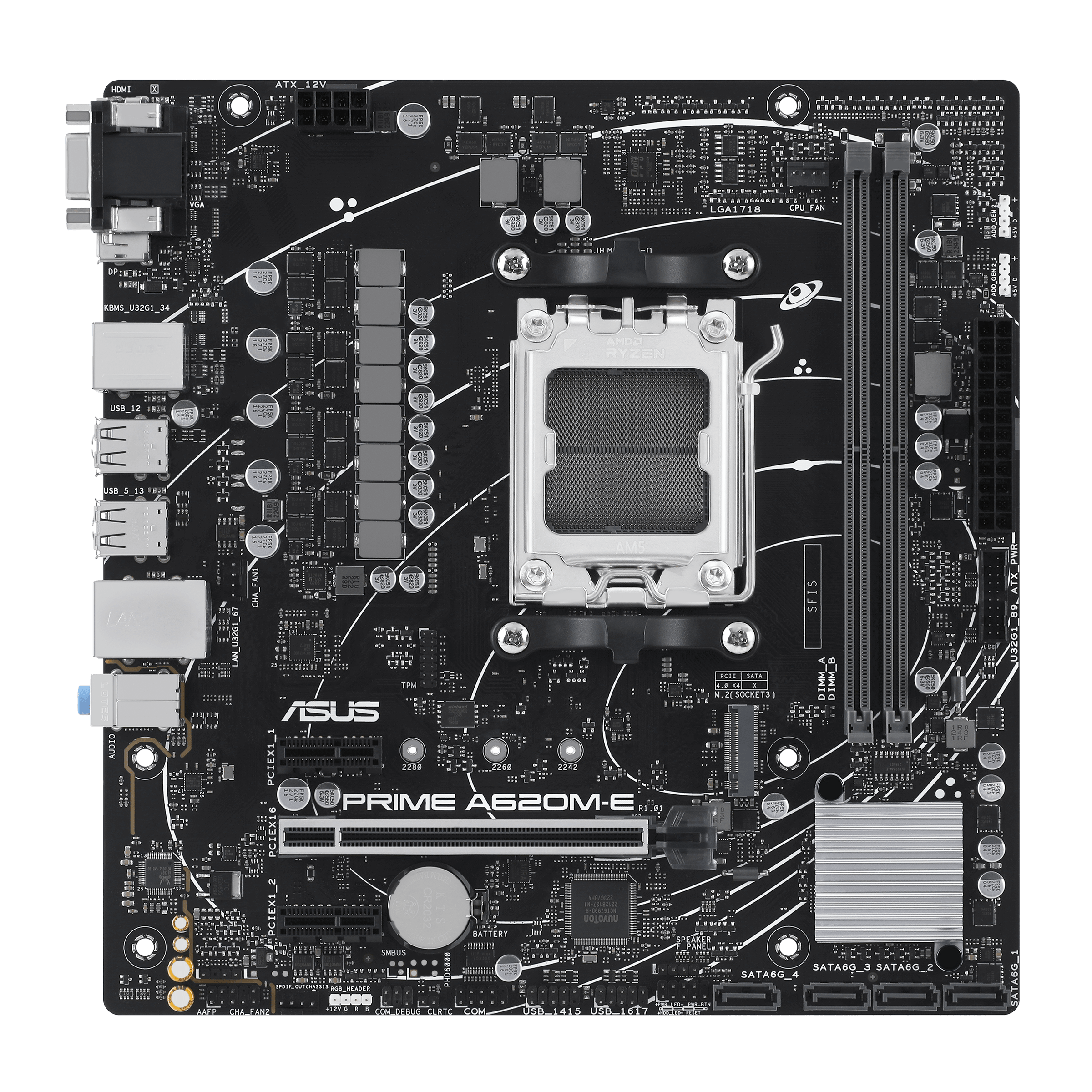 

Материнская плата ASUS PRIME A620M-E, AM5, AMD A620, 2xDDR5 DIMM, PCI-Ex16, 4SATA3, 7.1-ch, GLAN, 6 USB 3.2, VGA, HDMI, DP, mATX, Retail, PRIME A620M-E
