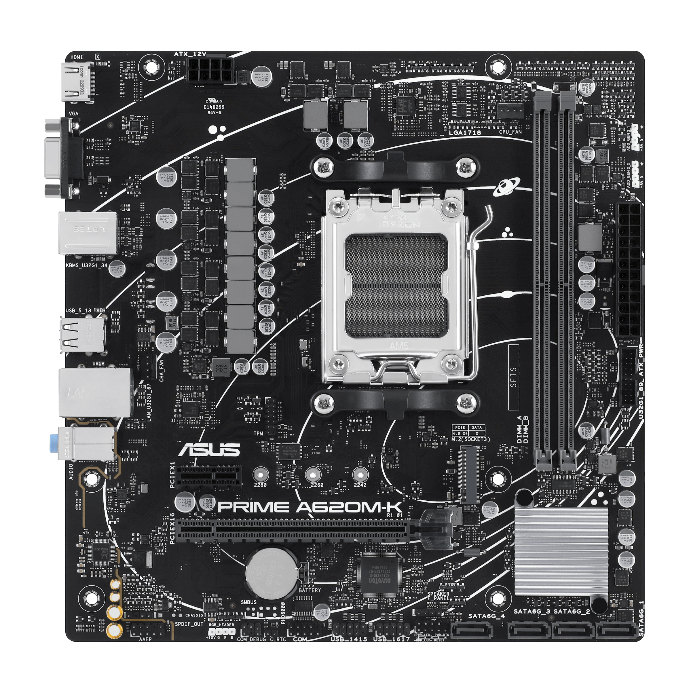 

Материнская плата ASUS PRIME A620M-K, AM5, AMD A620, 2xDDR5 DIMM, PCI-Ex16, 4SATA3, 7.1-ch, GLAN, 6 USB 3.2, VGA, HDMI, mATX, Retail, PRIME A620M-K