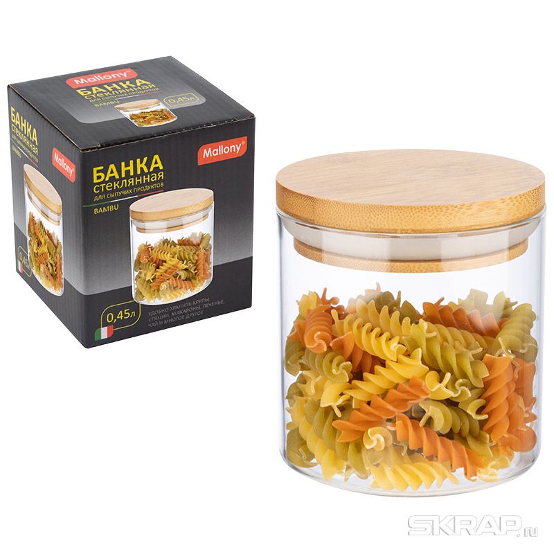 

Банка для сыпучих продуктов Mallony Bambu, круглая, 450 мл, высота 9.5 см, крышка, стекло, прозрачный (004451)