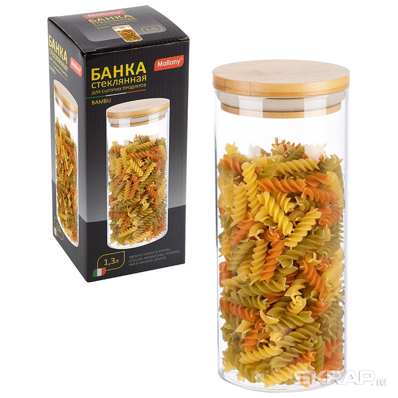 

Банка для сыпучих продуктов Mallony Bambu, круглая, 1.3 л, высота 22.7 см, крышка, стекло, прозрачный (004448)