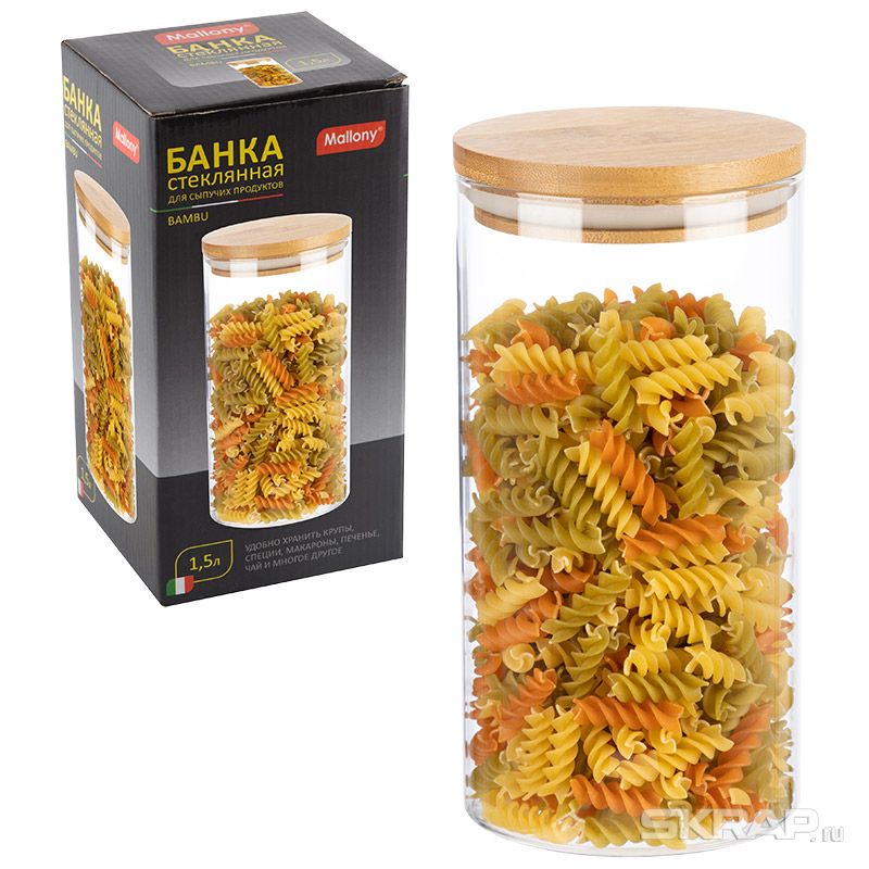

Банка для сыпучих продуктов Mallony Bambu, круглая, 1.5 л, высота 20.6 см, крышка, стекло, прозрачный (004446)
