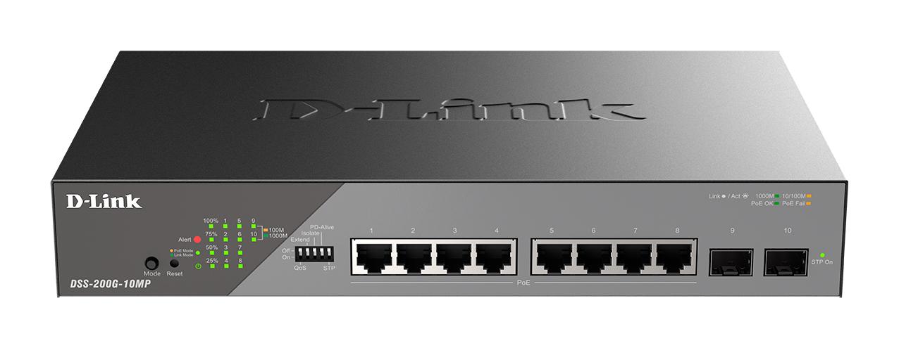 

Коммутатор D-Link DSS-200G-10MP, управляемый, кол-во портов: 8x1 Гбит/с, кол-во SFP/uplink: SFP 2x1 Гбит/с, PoE: 8x30 Вт (макс. 130 Вт) (DSS-200G-10MP/A1A), DSS-200G-10MP