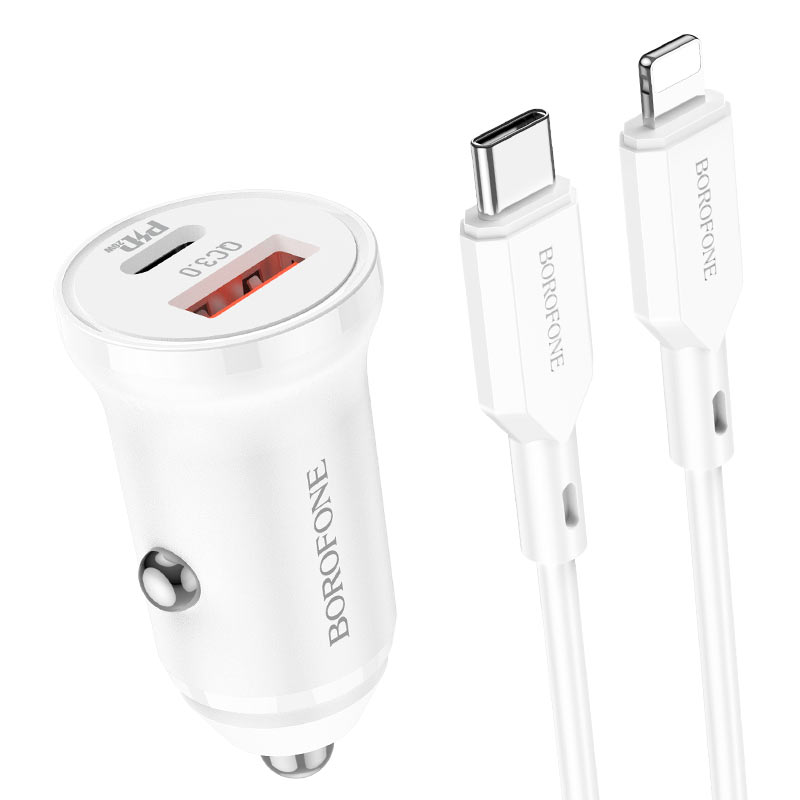 

Автомобильное зарядное устройство Borofone BZ18A, USB, 1xUSB Type C, 20 Вт, QC, PD, кабель Type-C/Lightning, белый (974443384918), BZ18A