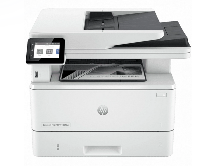 

МФУ лазерный HP LaserJet Pro 4103fdw, A4, ч/б, 40 стр/мин (A4 ч/б), 1200x1200 dpi, дуплекс, ДАПД-50 листов, факс, сетевой, Wi-Fi, USB, белый/черный (2Z629A), 4103fdw