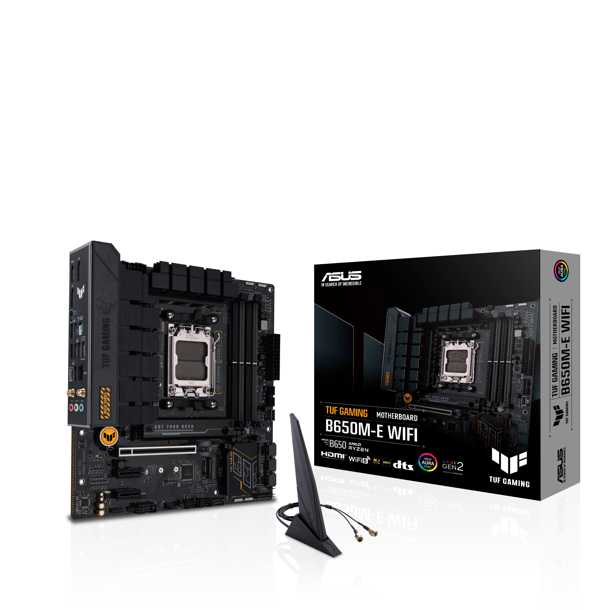 

Материнская плата ASUS TUF GAMING B650M-E WIFI, AM5, AMD B650, 4xDDR5 DIMM, PCI-Ex16, 4SATA3, 7.1-ch, 2.5GLAN, 5 USB 3.2, 2 USB Type-C, HDMI, DP, mATX, Retail, TUF GAMING B650M-E WIFI