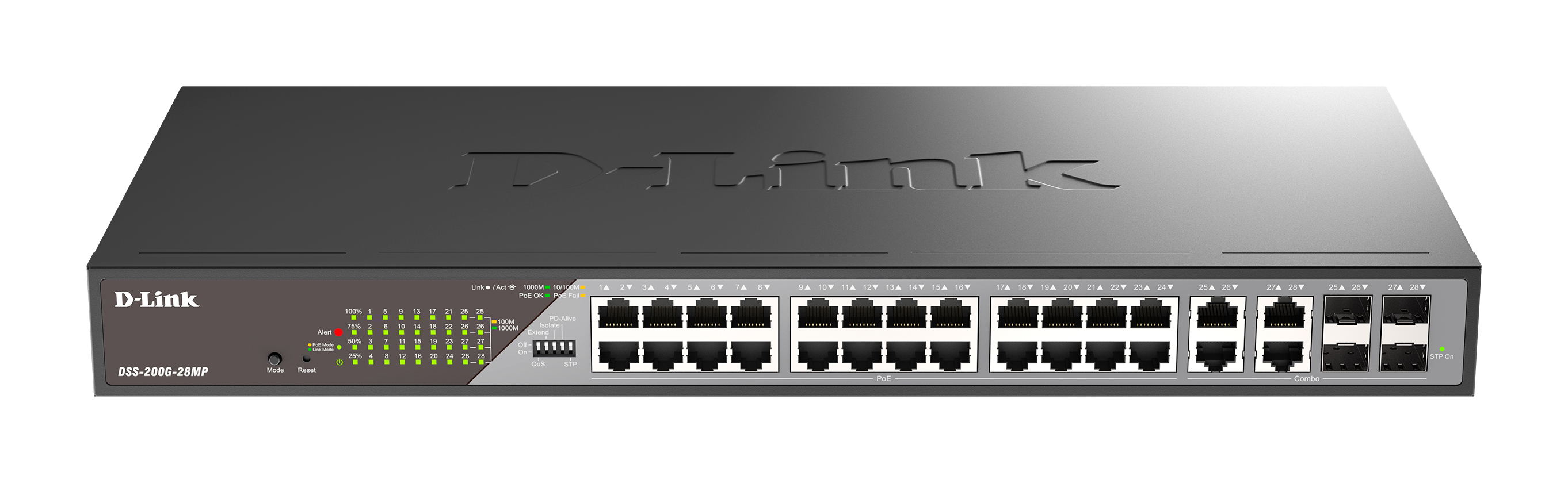 

Коммутатор D-Link DSS-200G-28MP, управляемый, кол-во портов: 24x1 Гбит/с, кол-во SFP/uplink: combo RJ-45/SFP 4x1 Гбит/с, установка в стойку, PoE: 24x30 Вт (макс. 370 Вт) (DSS-200G-28MP/A1A), DSS-200G-28MP