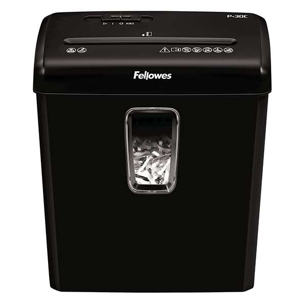 Шредер FELLOWES PowerShred P-30C, секретность P-4, 300 см/мин., перекрестный - 4 мм x 3.4 см, 15 л, 6 шт., скрепки, скобы, карты, черный (FS-60081)