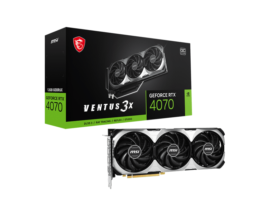 

Видеокарта MSI NVIDIA GeForce RTX 4070 VENTUS 3X E OC, 12Gb GDDR6X, 192 бит, PCI-E, HDMI, 3DP, Retail (RTX 4070 VENTUS 3X E 12G OC), VENTUS 3X E OC