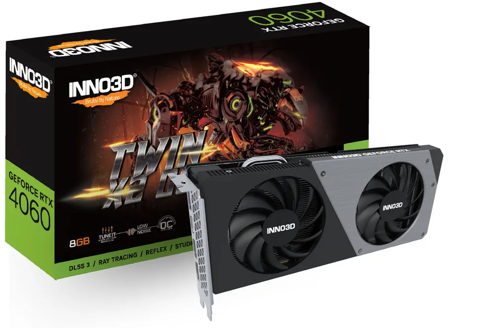 

Видеокарта Inno3D NVIDIA GeForce RTX 4060 Twin X2, 8Gb GDDR6, 128 бит, PCI-E, 2HDMI, 2DP, Retail (N40602-08D6-173051N), Twin X2