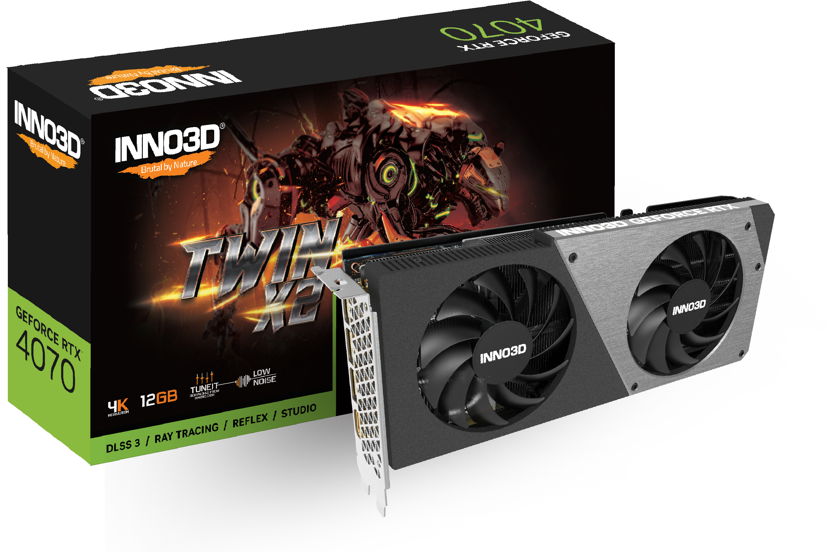 

Видеокарта Inno3D NVIDIA GeForce RTX 4070 Twin X2, 12Gb GDDR6X, 192 бит, PCI-E, HDMI, 3DP, Retail (N40702-126X-185252N), Twin X2