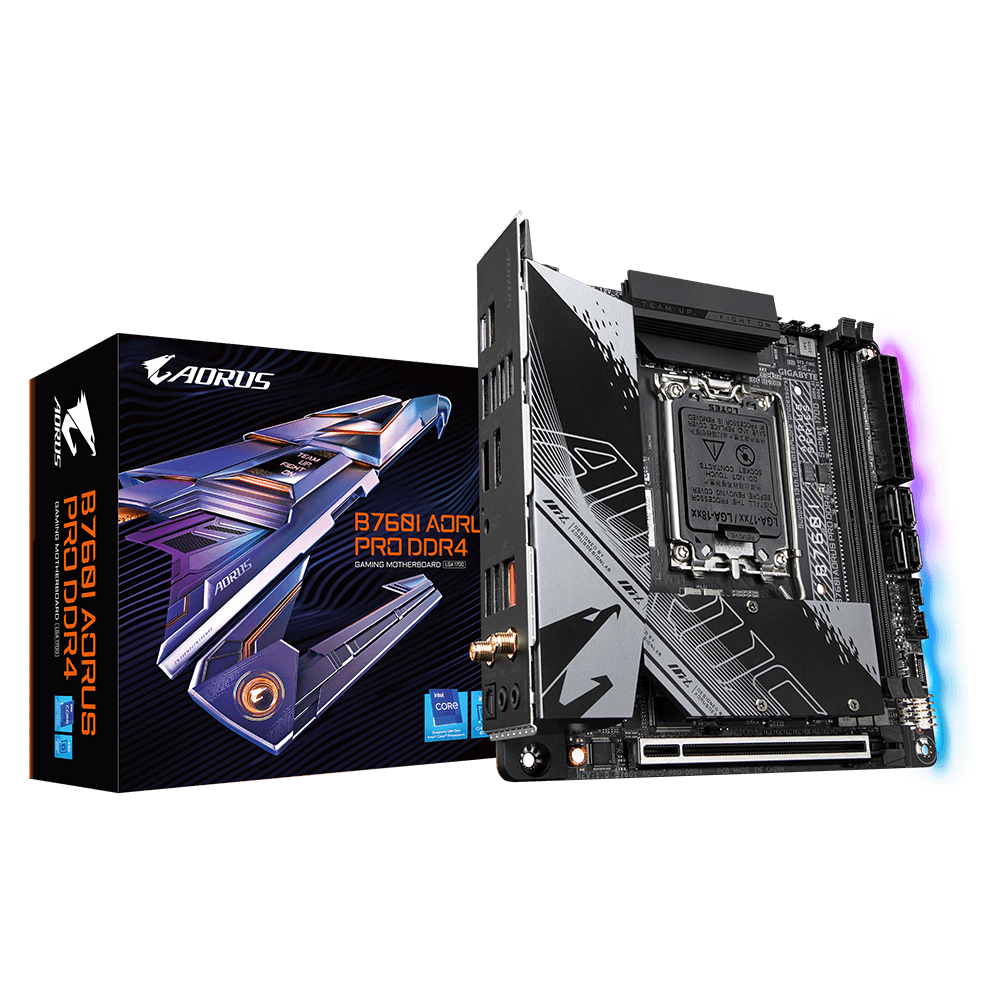 Материнская плата GIGABYTE B760I AORUS PRO DDR4, Socket1700, Intel B760, 2xDDR4, PCI-Ex16, 4SATA3, 7.1-ch, 2.5GLAN, 7 USB 3.2, 2 USB Type-C, HDMI, DP, mini-ITX, Retail