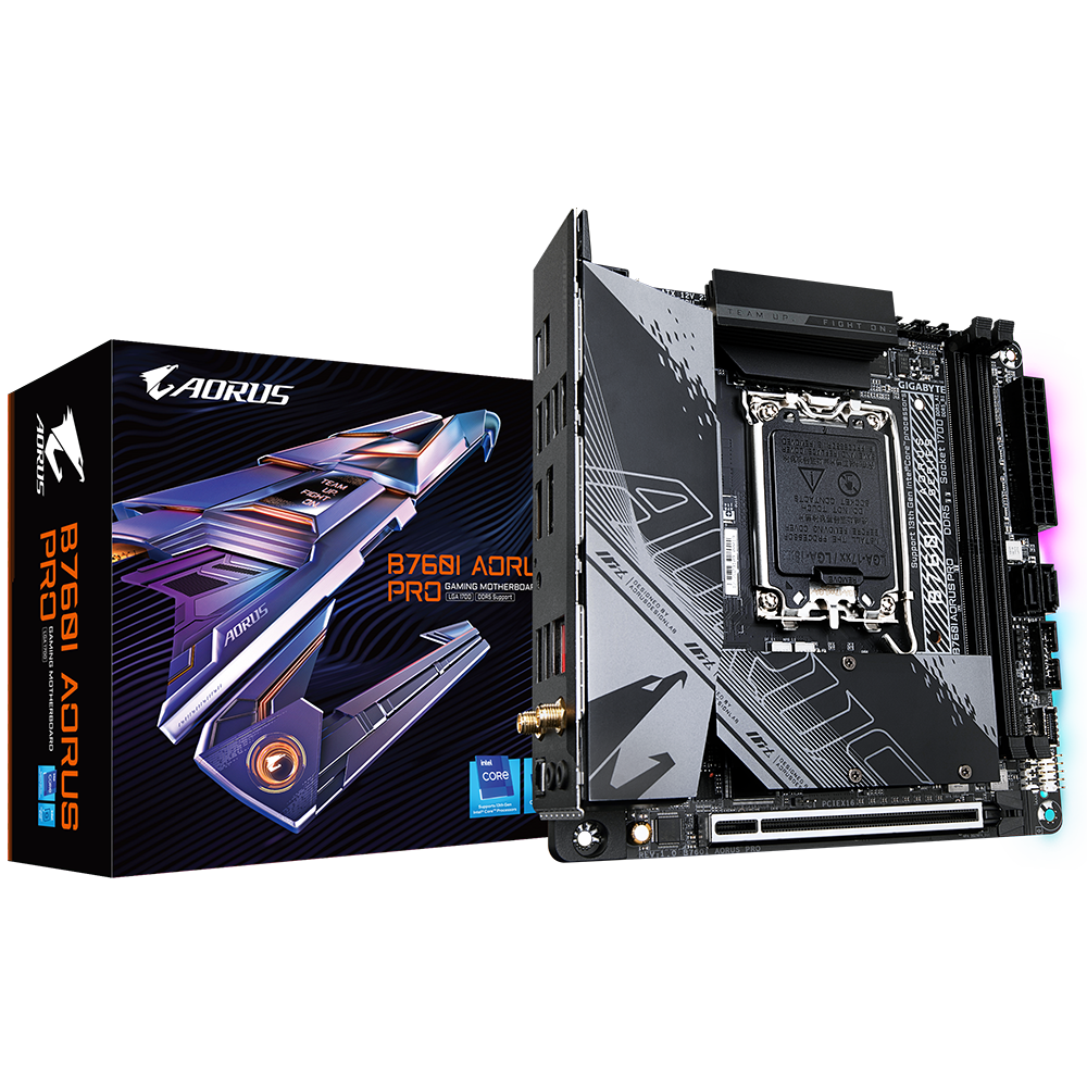 Материнская плата GIGABYTE B760I AORUS PRO, Socket1700, Intel B760, 2xDDR5 DIMM, PCI-Ex16, 4SATA3, 7.1-ch, 2.5GLAN, 7 USB 3.2, 2 USB Type-C, HDMI, DP, mini-ITX, Retail