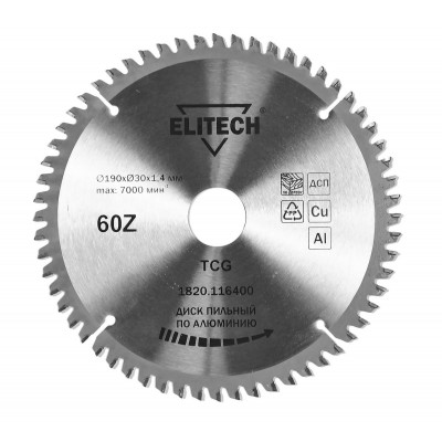 

Пильный диск ELITECH, ⌀190мм x 30мм по алюминию, аккуратный рез, 60T, 1шт. (1820.116400)