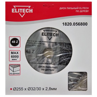

Пильный диск ELITECH, ⌀255мм x 30/32 мм по дереву, аккуратный рез, 48Т, 1шт. (1820.056800)