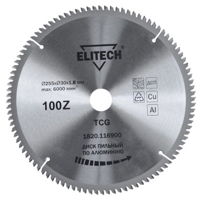 

Пильный диск ELITECH, ⌀255мм x 30мм по алюминию, аккуратный рез, 100T, 1шт. (1820.116900)