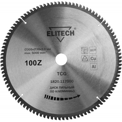 

Пильный диск ELITECH, ⌀305мм x 30мм по алюминию, аккуратный рез, 100T, 1шт. (1820.117000)
