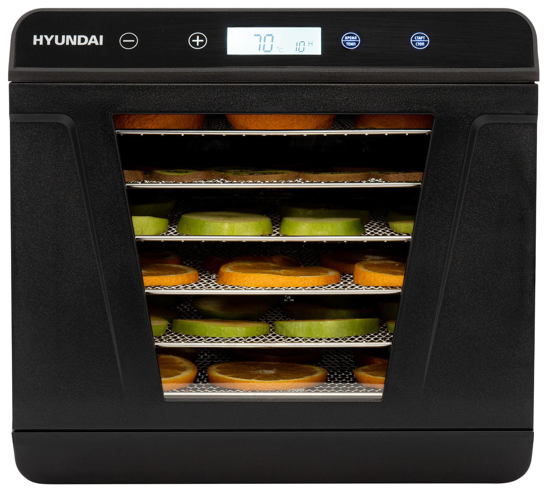 

Сушилка для овощей и фруктов Hyundai HYFD-1205, 500 Вт, 35-70 °C, черный, HYFD-1205