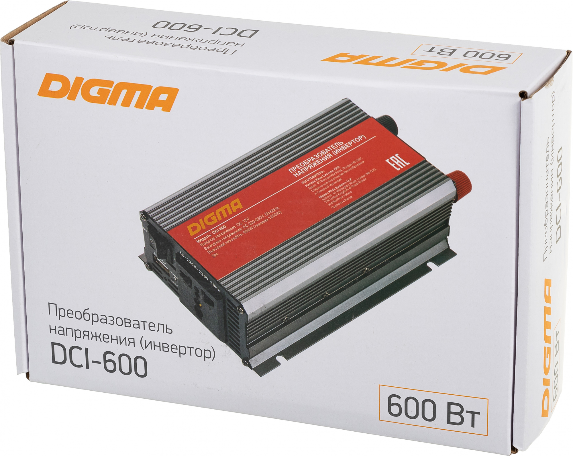 Преобразователь напряжения Digma DCI-600 600 Вт, 12В/220В, серебристый (DCI-600)