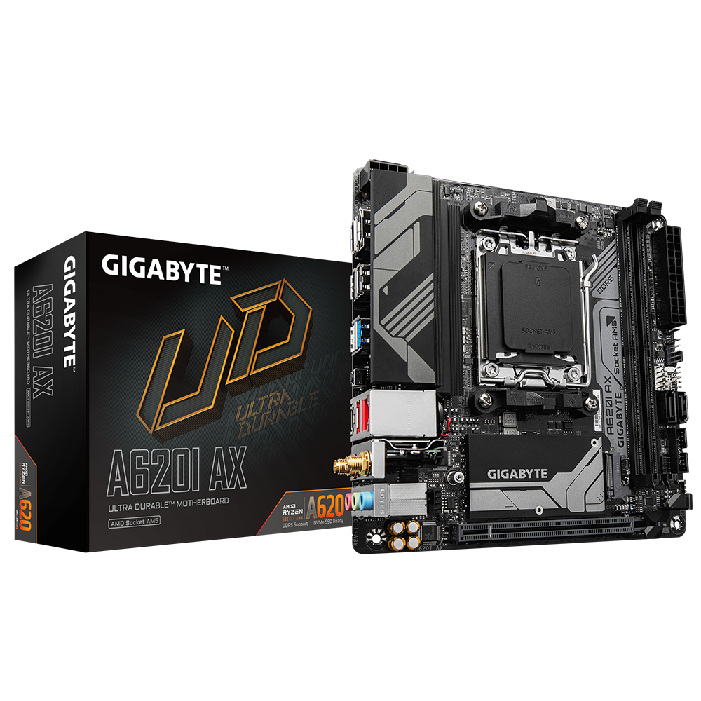 

Материнская плата GIGABYTE A620I AX, AM5, AMD A620, 2xDDR5 DIMM, PCI-Ex16, 2SATA3, 7.1-ch, 2.5GLAN, 4 USB 3.2, 2 USB Type-C, HDMI, DP, mini-ITX, Retail, A620I AX