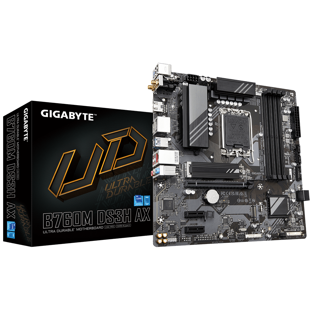 

Материнская плата GIGABYTE B760M DS3H AX, Socket1700, Intel B760, 4xDDR5 DIMM, PCI-Ex16, 4SATA3, 7.1-ch, 2.5GLAN, 5 USB 3.2, 1 USB Type-C, HDMI, DP, mATX, Retail, B760M DS3H AX