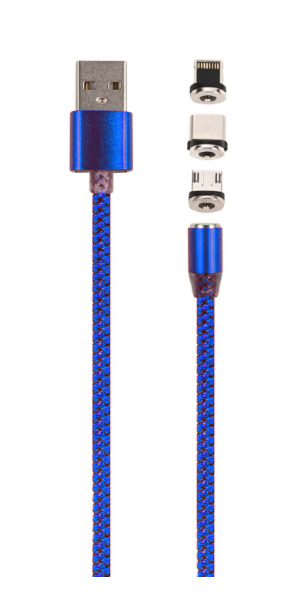 

Кабель USB-Lightning 8-pin+Micro USB+USB Type-C, магнитный, 1 м, синий, MB mobility (УТ000029373)