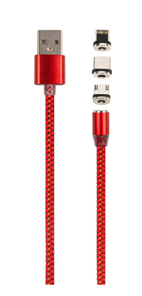 

Кабель USB-Lightning 8-pin+Micro USB+USB Type-C, магнитный, 1 м, красный, MB mobility (УТ000029372)