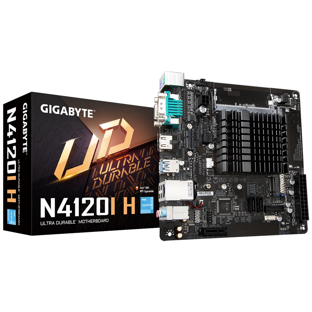 

Материнская плата GIGABYTE N4120I H, SoC, Intel Celeron N4120, 0, 2xDDR4 SODIMM, 2SATA3, 7.1-ch, 4 USB 3.2, VGA, HDMI, mini-ITX, Retail, N4120I H