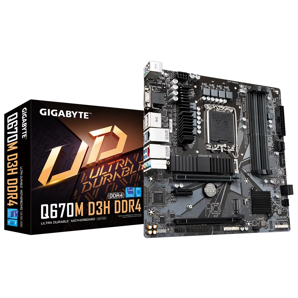 

Материнская плата GIGABYTE Q670M D3H DDR4, Socket1700, Intel Q670, 4xDDR4, 2PCI-Ex16, 4SATA3, 7.1-ch, GLAN, 2.5GLAN, 5 USB 3.2, 2 USB Type-C, VGA, HDMI, DP, mATX, Retail, Q670M D3H DDR4