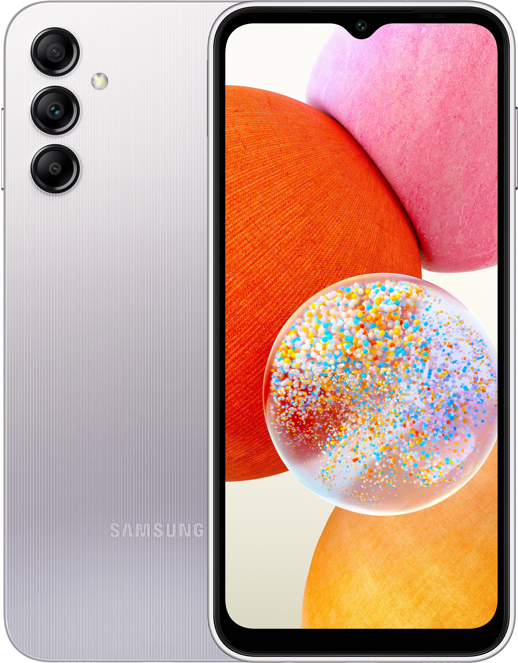 

Смартфон Samsung Galaxy A14, 6.6" 1080x2408 PLS, Samsung Exynos 850, 4Gb RAM, 64Gb, 3G/4G, NFC, Wi-Fi, BT, 3xCam, 2-Sim, 5000 мА⋅ч, USB Type-C, Android 13, серебристый (SM-A145FZSUCAU), Galaxy A14