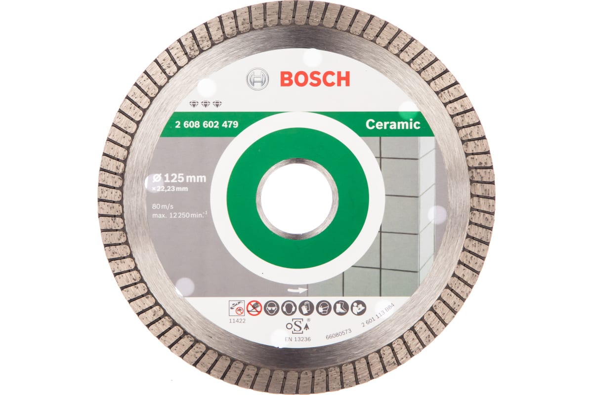 

Диск отрезной алмазный BOSCH Best for Ceramic ⌀125ммx1.4мм x 22.2мм, прямой, по керамике, 1шт. (2608602479), Best for Ceramic