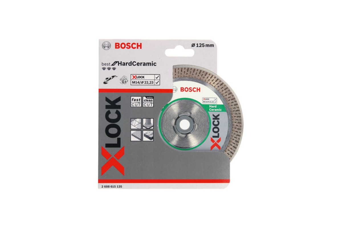 

Диск отрезной алмазный BOSCH Best for Hard Ceramic X-LOCK ⌀12.5 см x 1.6 мм x 2.22 см, прямой, по керамограниту, мрамору, плитке, 1 шт. (2608615135), Best for Hard Ceramic X-LOCK