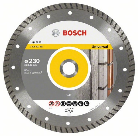 

Диск отрезной алмазный BOSCH Standard for Universal Turbo ⌀12.5 см x 2 мм x 2.22 см, прямой, камень, кирпич, 1 шт. (2608602394), Standard for Universal