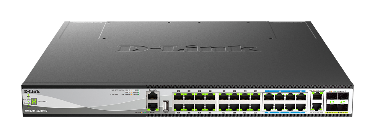 

Коммутатор D-Link DMS-3130-30PS, управляемый, кол-во портов: 26x10 Гбит/с, кол-во SFP/uplink: SFP28 4x25 Гбит/с, установка в стойку, PoE: 24x60 Вт (макс. 740 Вт) (DMS-3130-30PS/A1A), DMS-3130-30PS