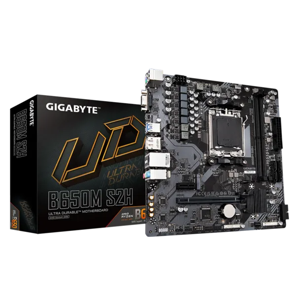 Материнская плата GIGABYTE B650M S2H, AM5, AMD B650, 2xDDR5 DIMM, PCI-Ex16, 4SATA3, 7.1-ch, GLAN, 4 USB 3.2, VGA, HDMI, DP, mATX, Retail