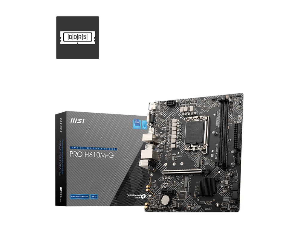 

Материнская плата MSI PRO H610M-G, Socket1700, Intel H610, 2xDDR5 DIMM, PCI-Ex16, 4SATA3, 7.1-ch, GLAN, 4 USB 3.2, VGA, HDMI, DP, mATX, Retail, PRO H610M-G
