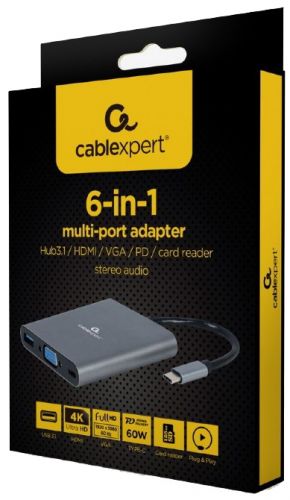 Концентратор Cablexpert A-CM-COMBO6-01, 1xUSB 3.0, 1xUSB-C, серый + 1xHDMI, 1xVGA, 1xAudio (A-CM-COMBO6-01)