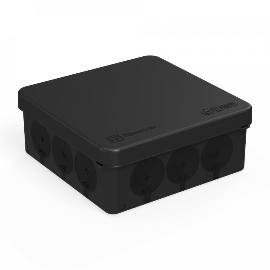 Коробка распределительная квадратная 10 см x 10 см, глубина 4 см, наружный монтаж, IP66, вводов:12, черный, с крышкой, Промрукав (60-0303-9005)
