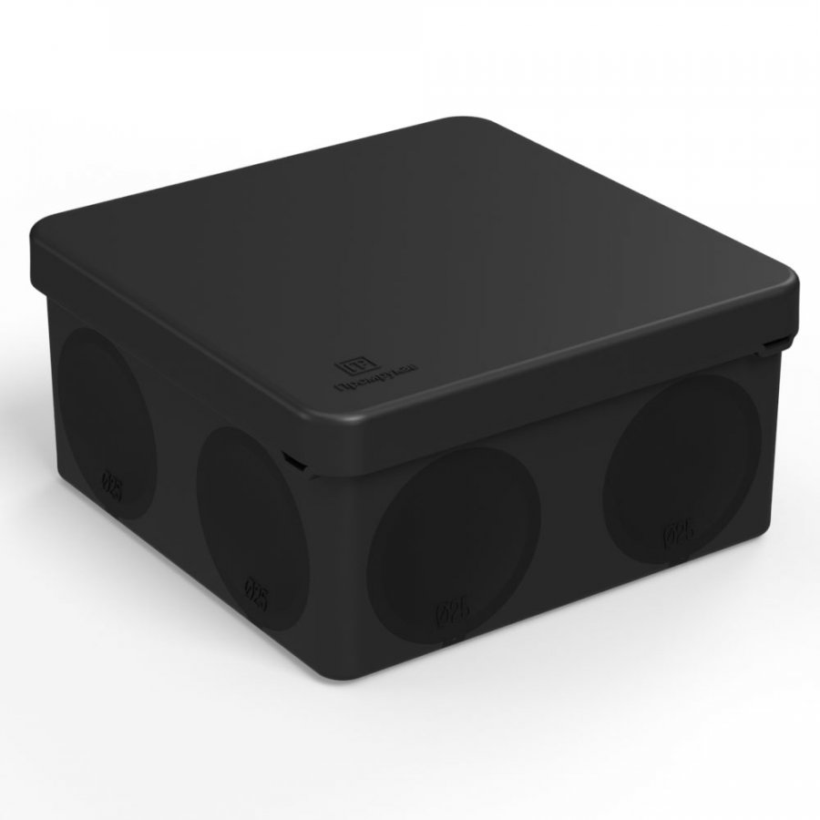 Коробка распределительная квадратная 10 см x 10 см, глубина 5 см, наружный монтаж, IP66, вводов:8, черный, с крышкой, Промрукав (60-0300-9005)