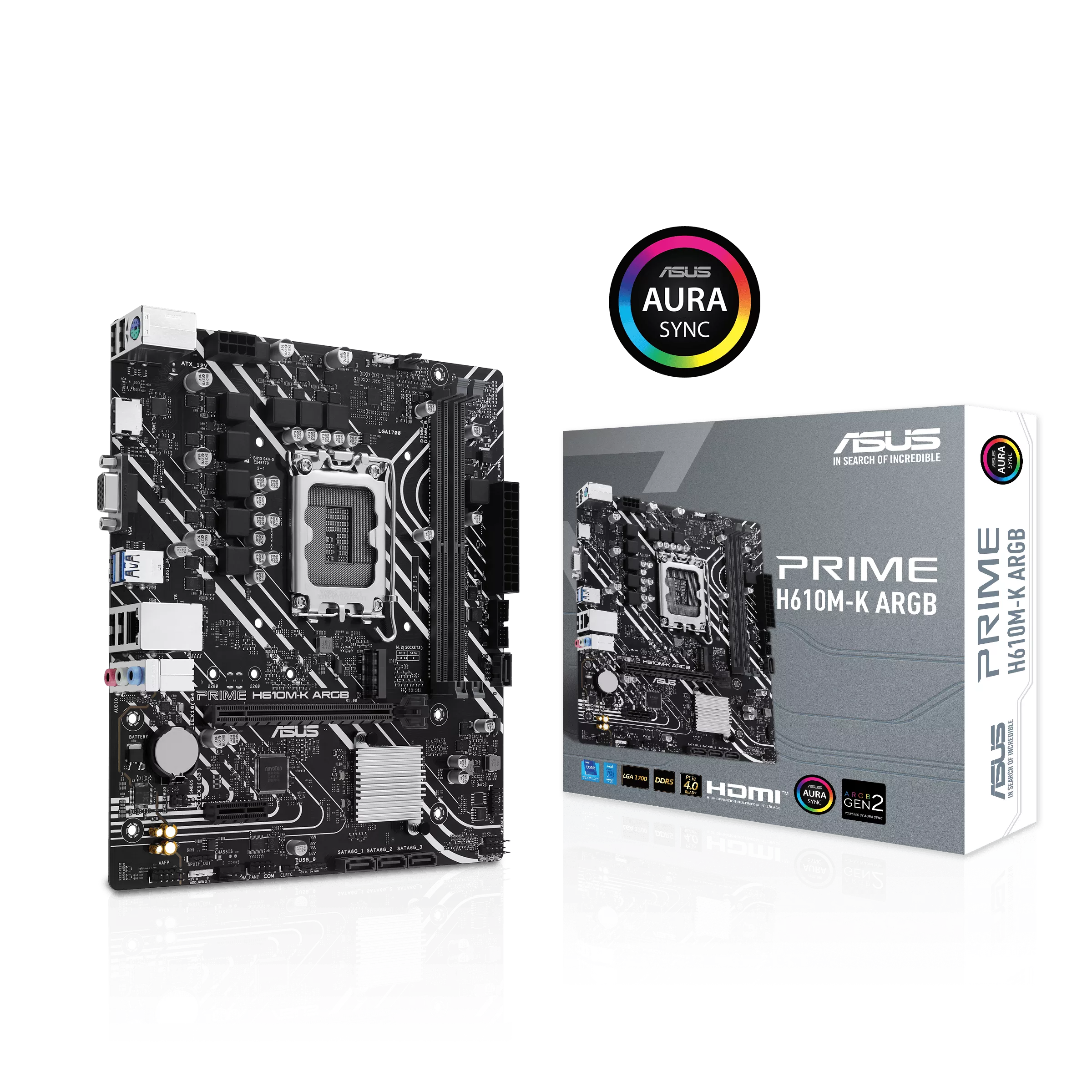 

Материнская плата ASUS PRIME H610M-K ARGB, Socket1700, Intel H610, 2xDDR5 DIMM, PCI-Ex16, 4SATA3, 7.1-ch, GLAN, 4 USB 3.2, VGA, HDMI, mATX, Retail, PRIME H610M-K ARGB