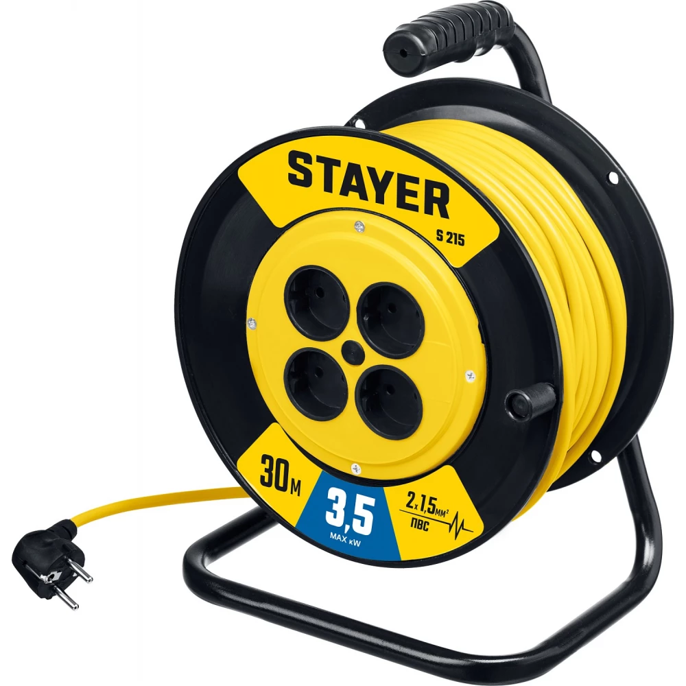 Удлинитель на катушке STAYER S 215, 4-розетки, 30 м, черный/желтый (55072-30)