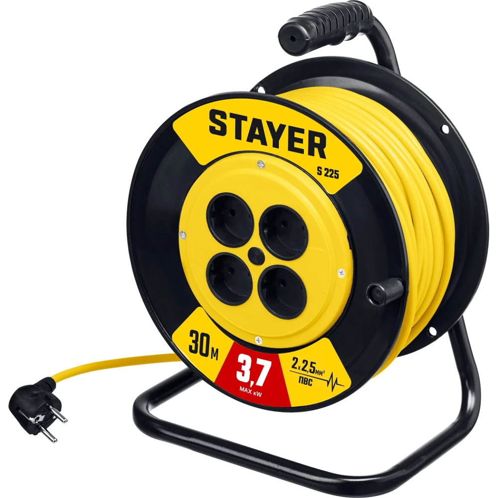 Удлинитель на катушке STAYER S 225, 4-розетки, 30 м, черный/желтый (55070-30)